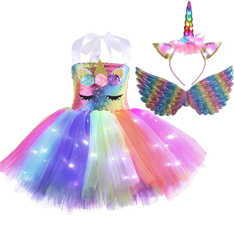 Children Unicorn Girls Dress With LED Light Shiny Flower Birthday Party Gift Halloween Cosplay Costume Kids Christmas Clothing