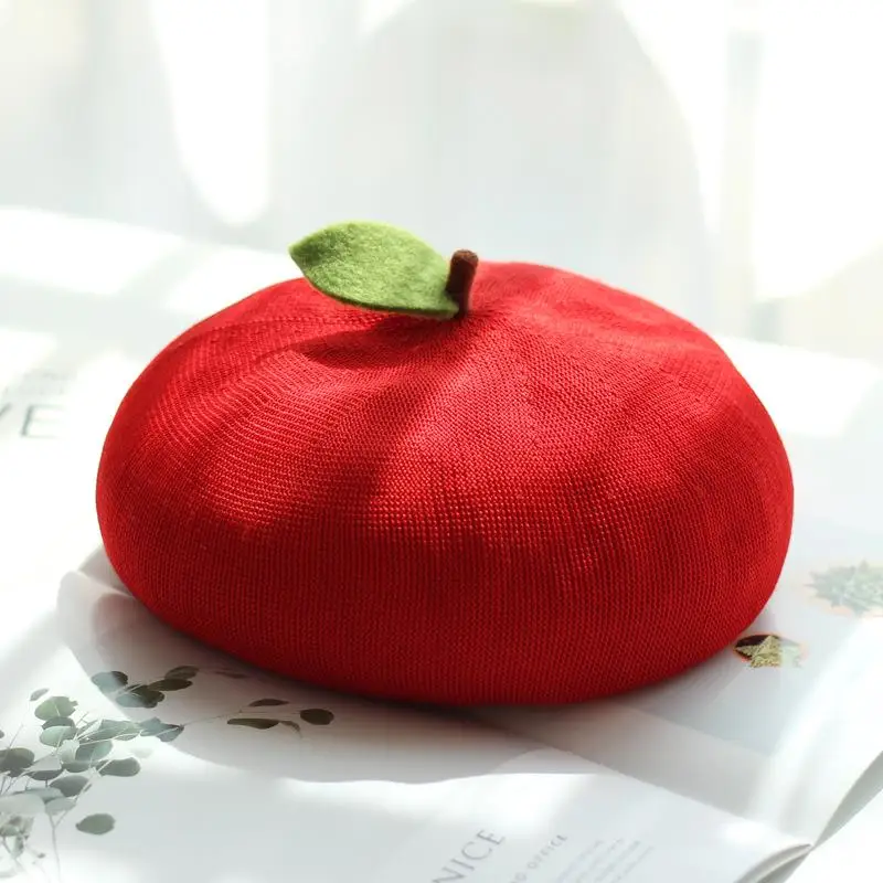 Spring Autumn Women Handmade Beret Hat Cute Fruit Pink Red Painter Hat Girl Thin Breathable Beanie Present Beret Cap