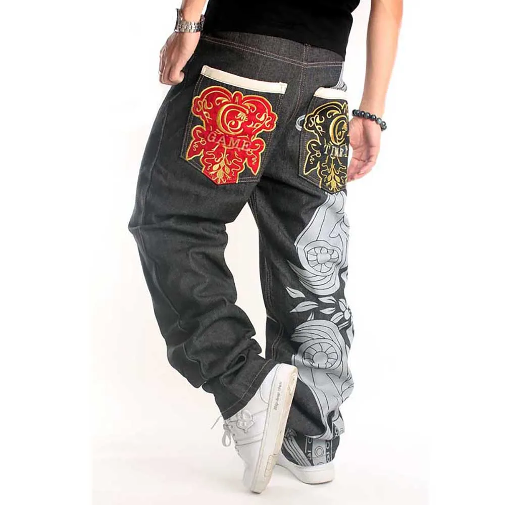 

Trendy Men Hiphop Jeans Straight Trousers Baggy Denim Pants Graffiti Print Embroidery Loose Skateboard Pants Streetwear Jeans