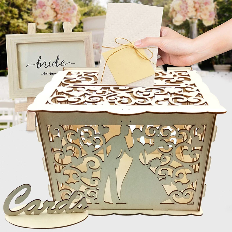 Wedding Card Boxes Wooden Box Wedding Decoration Supplies DIY Couple Deer Bird Flower Pattern Grid Invitation Gift Business Card