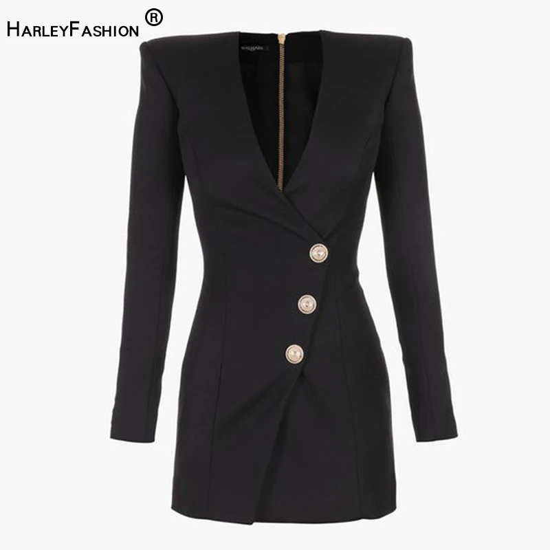 HarleyFashion Quality Long Sleeve Sexy V-neck Slim Staight Sheath Short Black Dress Buttons Women Skinny Dresses