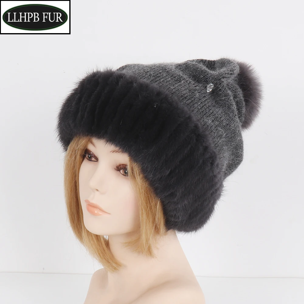 

2024 New Style Female Luxurious 100% Natural Mink Fur Skully Hat Women Knitted Elastic Real Mink Fur Caps Winter Warm Fur Cap