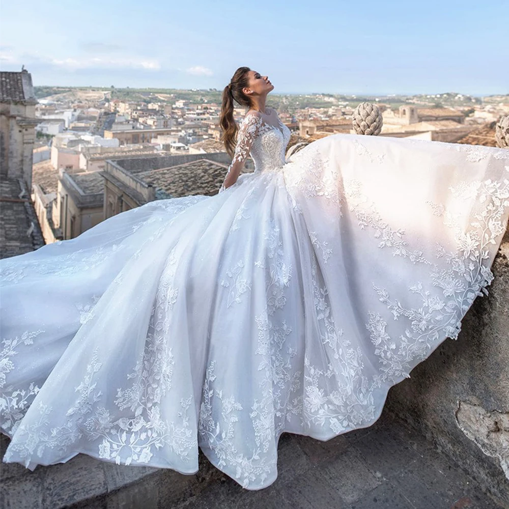 Robe de Rhprincesse romantique pour mariée, robes de mariée, grande taille, appliques à col rond, patients de fête formelle, quel que soit le choix