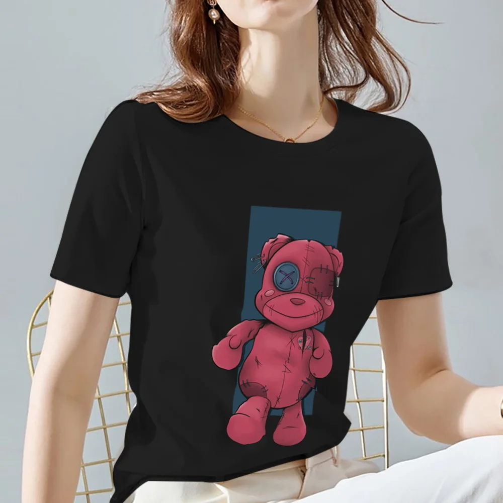 Women's Classic T-shirt Round Neck Summer Fashion Street Black All-match Blouse Bear Pattern Printing Series Ladies Soft T-shirt