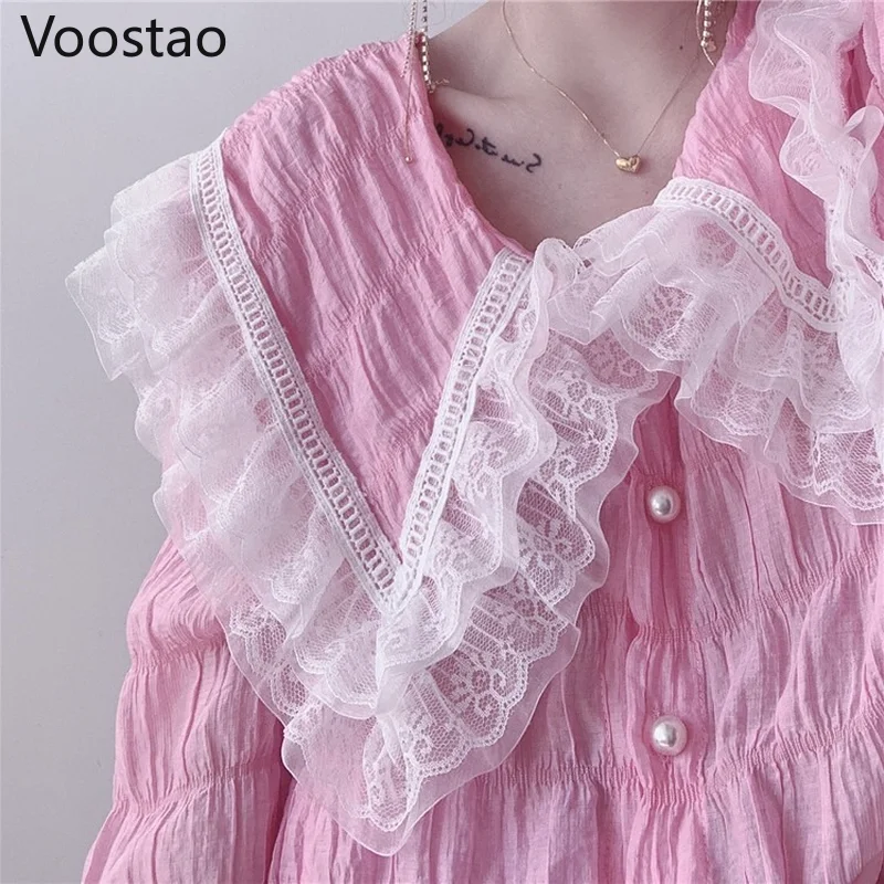 Camicetta dolce moda donna elegante manica a sbuffo top in maglia di pizzo ragazze stile Lolita colletto alla Peter Pan camicie di Chiffon Blusas Mujer