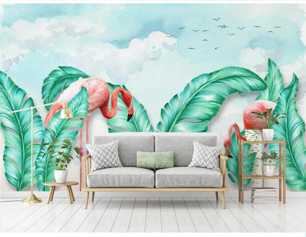 Xue Su Professionele Custom Wandbekleding Grote Muurschildering Behang Eenvoudige Handgeschilderde Tropische Bladeren Flamingo Tv Achtergrond Muur