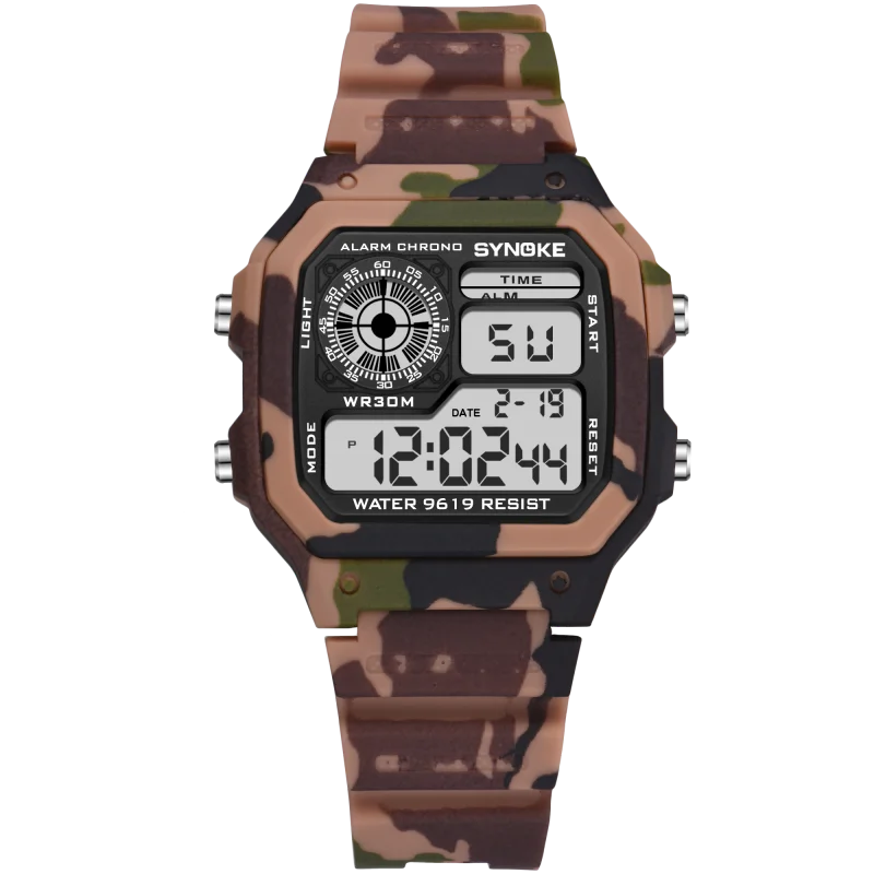 SYNOKE-relojes digitales deportivos para niños, pulsera de camuflaje militar, multifunción, 7 colores, luminosos, resistentes al agua