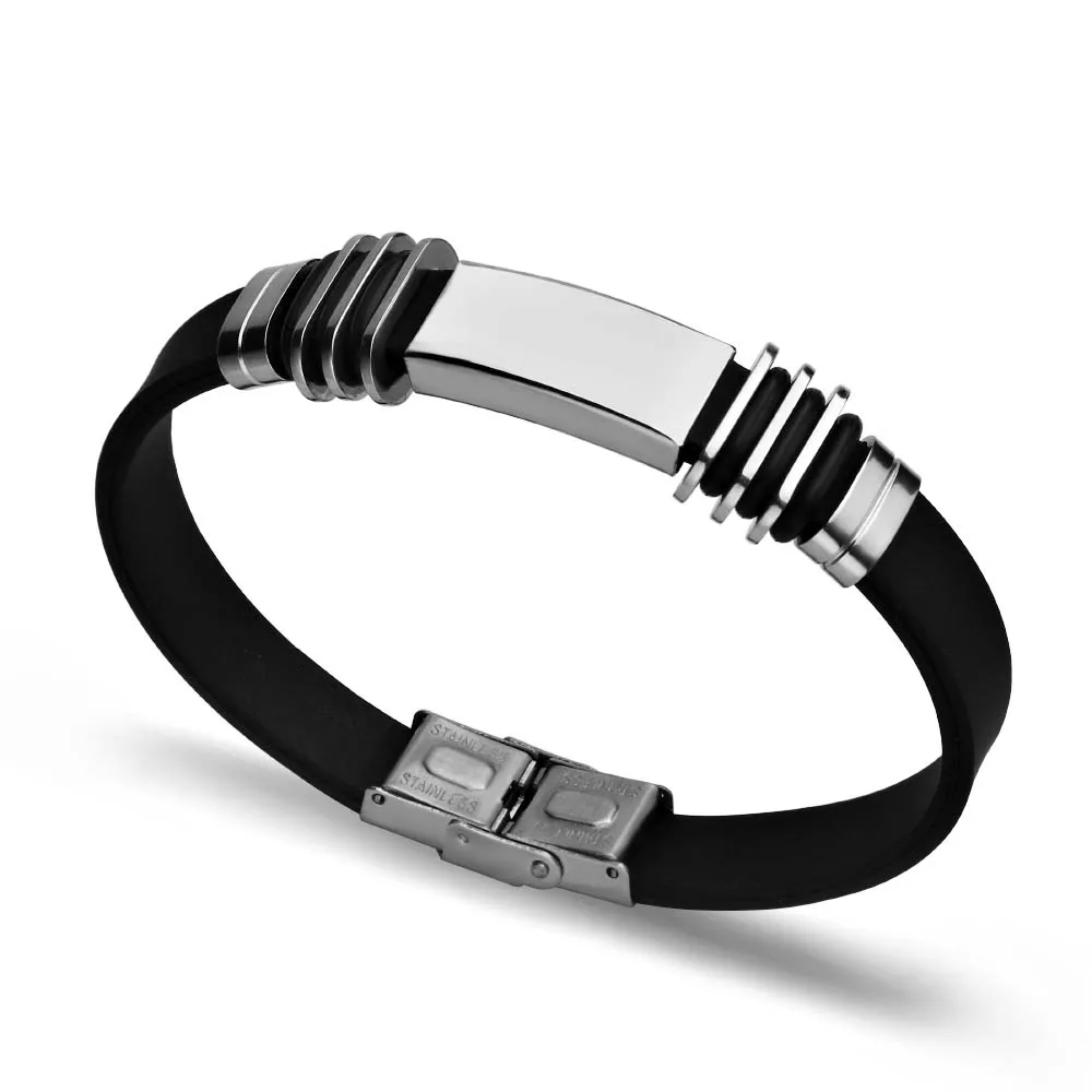 2024 Trend Charm Jewelry Stainless Steel Smooth Silicone Bracelet Men Vintage Titanium Steel Cuff Bracelet Pulsera Hombre