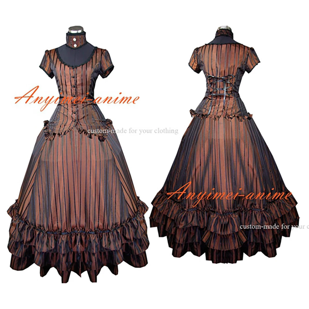 

fondcosplay Elegant Gothic Punk Dress Medieval Victorian Rococo Gown Brown stripes satin Dress Cosplay Costume Custom-made[G559]