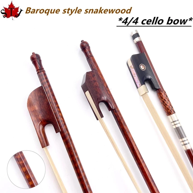 1pcs 4/4 cello bow black Grid plaid  carbon Fiber/snakewood/baroquestyle round Stick cello bow,Siberian horsetail horsehair