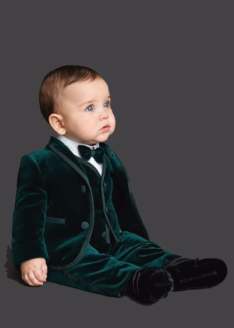 Green Velour Baby Pak Kids Blazers Jongen Pak Voor Prom Wedding Formele Herfst Winter Trouwjurk Jongen Pak (Jas + Vest + Broek)