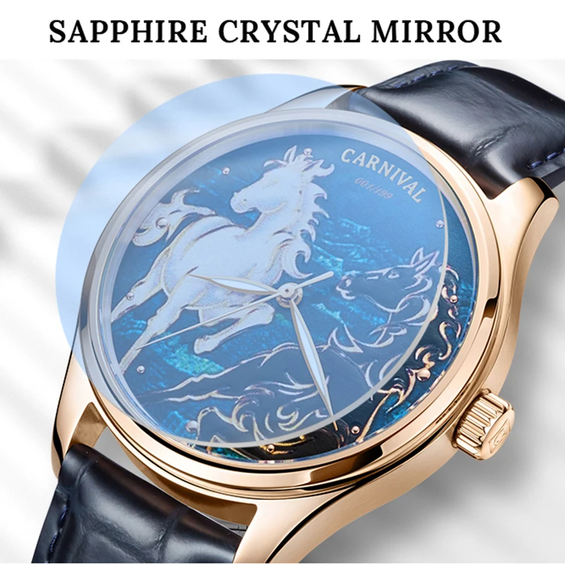 Relogio Masculino Luxury MIYOTA Automatic Watch Men CARNIVAL 3D Horse DIal Mechanical Watch Sapphire Luminous Waterproof Leather