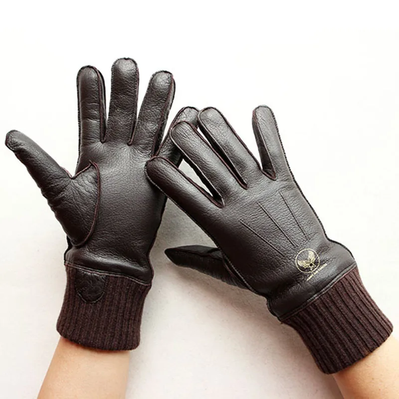 Motorcycle Riding Touch Screen Deerskin Gloves Men\'s Wool Lining Threaded Sleeves Winter Warm Car Driving Leather Finger Gloves