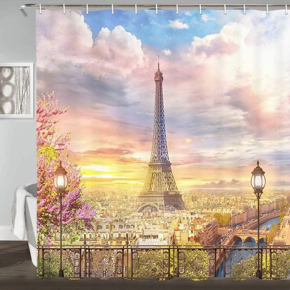 

France Shower Curtains, Balcony on The Paris Tower Pink Flower City Landscape Polyester Fabric Bathroom Decor Bath Curtain Hooks