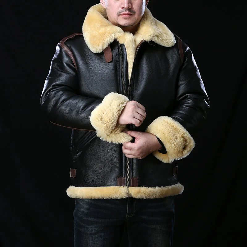 

0961 Avfly European Size High Quality Super Warm Genuine Sheep Leather Coat Mens Big B3 Shearling Bomber Military Fur Jacket