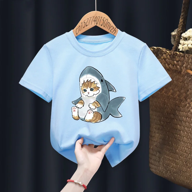 Cat Shark Funny Cute Print Casual Print Funny Boy Girl T-shirts Kid Children Manga Gift Present Black Harajuku Clothe