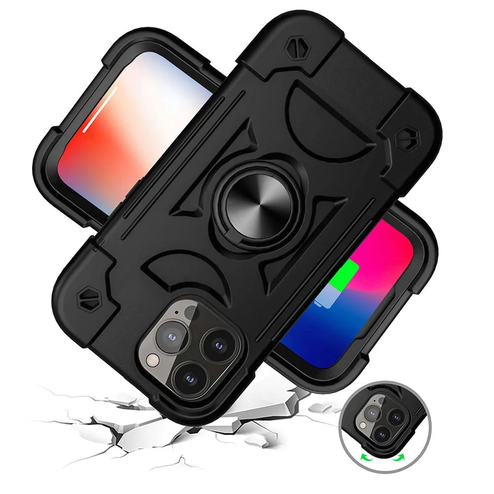 3 in 1 Multifunction Case For iPhone 16 15 14 13 12 Mini 11 Pro Max XS XR 7 8 Plus SE Ring Car Stand Silicone PC Shockproof Skin