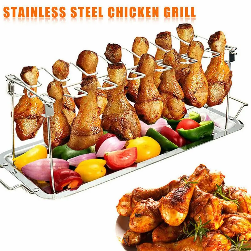 BBQ Tool Large Capacity Stainless Steel Chicken Leg Thigh Drumstick Grill Stand Holder Barbecue Non-stick Rack With/Without Tray