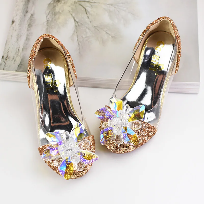 Zapatos de tacón alto de cristal de Cenicienta para niños, zapatos de fiesta de princesa transparentes con lentejuelas, vestido de diamantes para