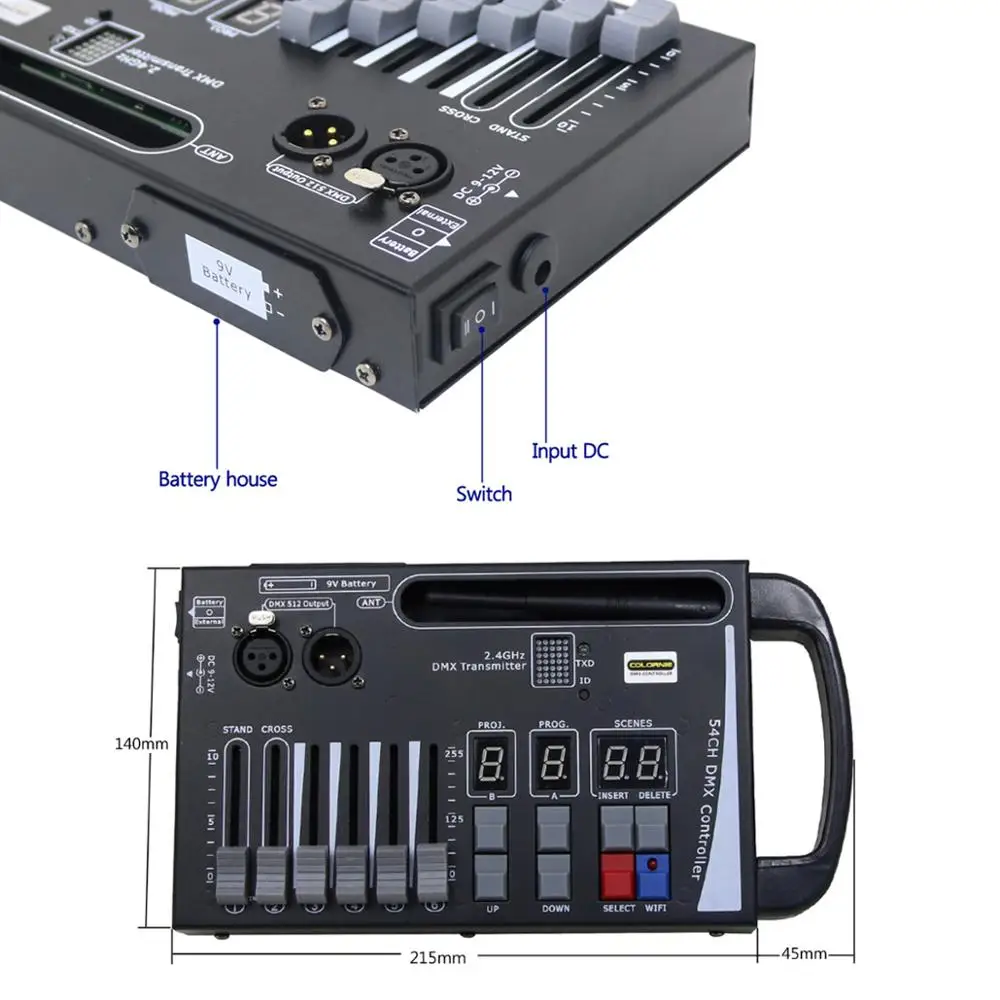 Transmisor y receptor DMX inalámbrico recargable, controlador de luz láser DMX512, 54CH, controlador DMX para efectos de escenario, DJ, discoteca,