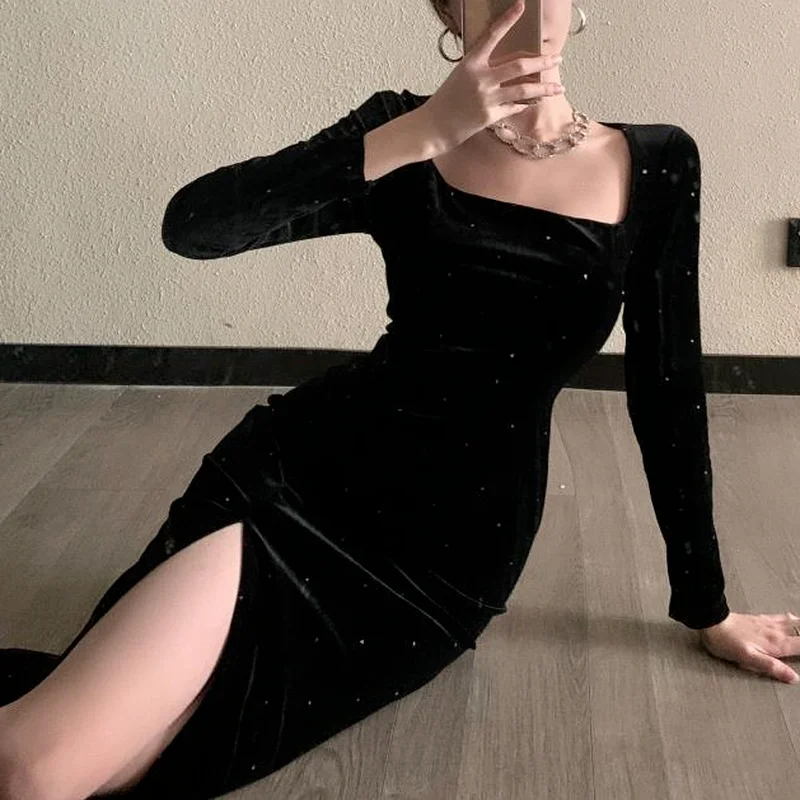 Black Velvet Long Dress Women Elegant Vintage Square Collar Long Sleeve Dress Korean Sexy Casual Evening Party Dress 2021 Autumn