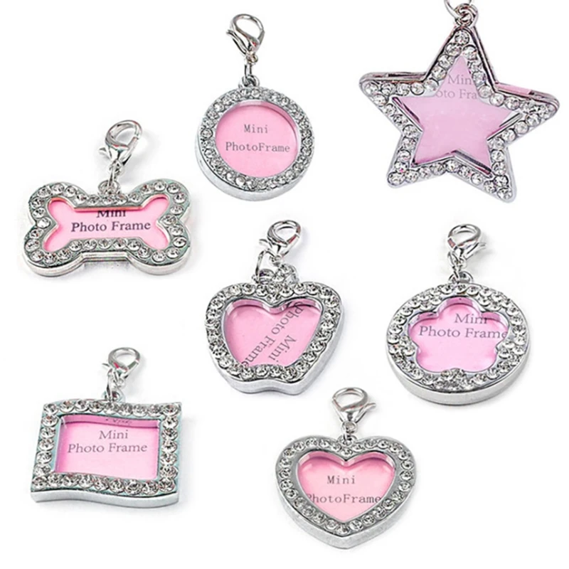 

7 styles Pet Collar ID Tag Dog Name Tag Rhinestone Bone Shaped Doggie Puppy Photo Frame 32x20mm