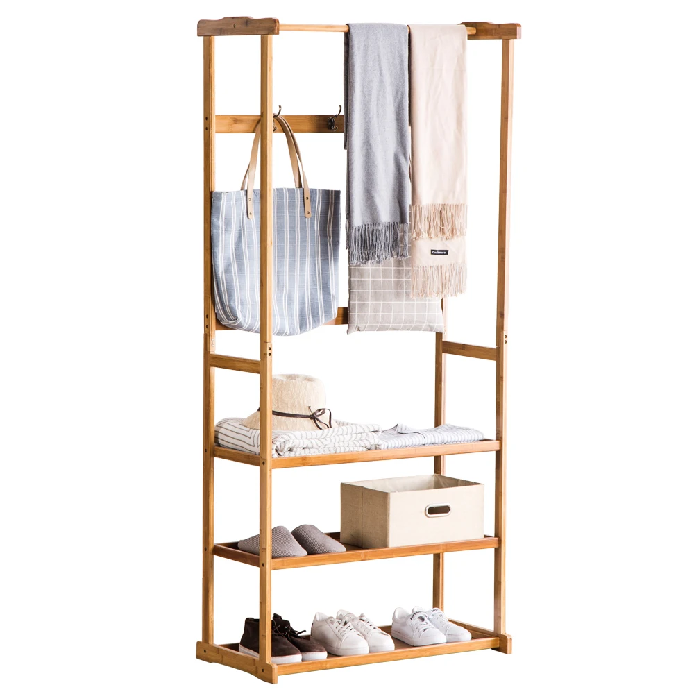 

3-Layer Bamboo Coat Rack Clothes Hanging Shelf With Hook 80x40x178CM Multifunctional Easy Assemble Wood Color[US-Stock]