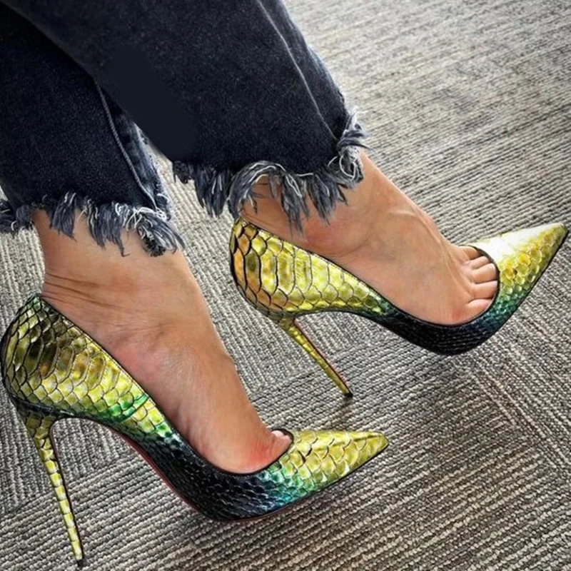 مثير بيثون مطبوعة التدرج اللون أحذية 12 سنتيمتر الخنجر الكعوب فستان الحفلات أحذية الذهب جلد الثعبان أشار تو مأدبة مضخات