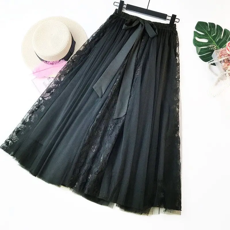 Korean Style Women Lace Patchwork Gauze Skirt Female Elastic High Waist Bow Lace-up Pleated Long Skirts Saias 2021 Autumn SK231