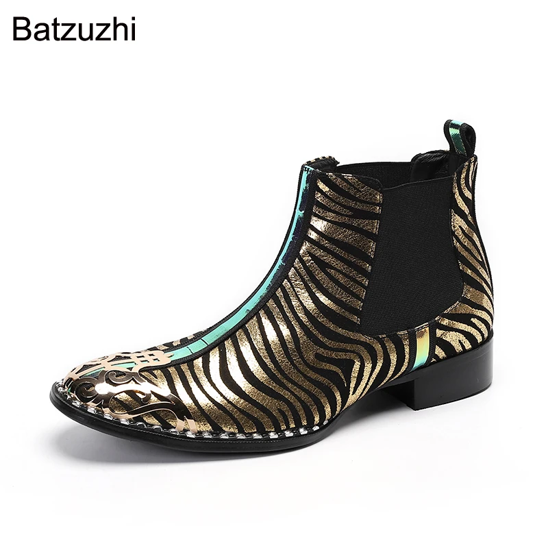 

Batzuzhi Boots Men Handsome Golden Black Leather Ankle Boots Men for Party, Business and Runway Botas Hombre, Big Sizes EU38-46