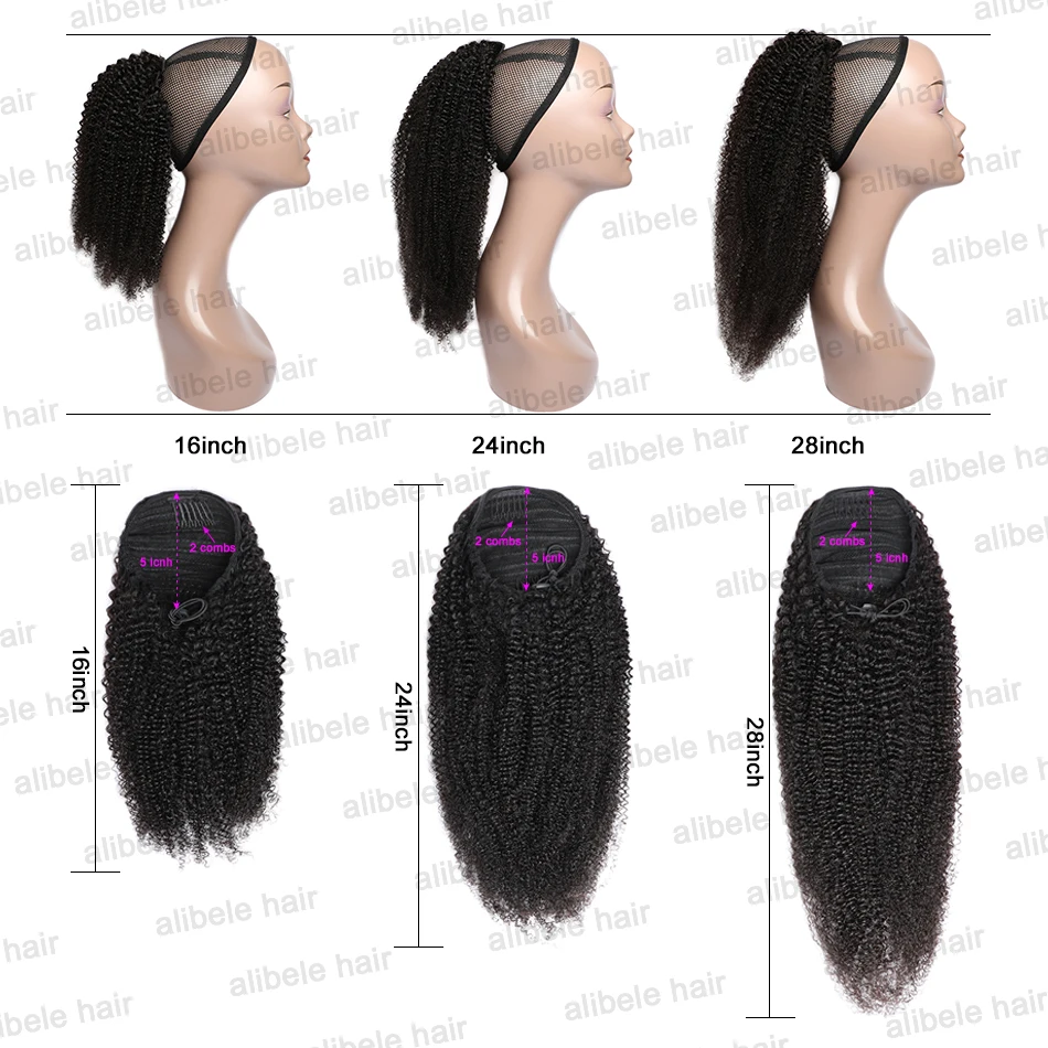 Alibele ekstensi rambut manusia, Mogolian Afro keriting serut ekor kuda 4B 4C Remy 10-28 inci klip panjang ekstensi ekor kuda