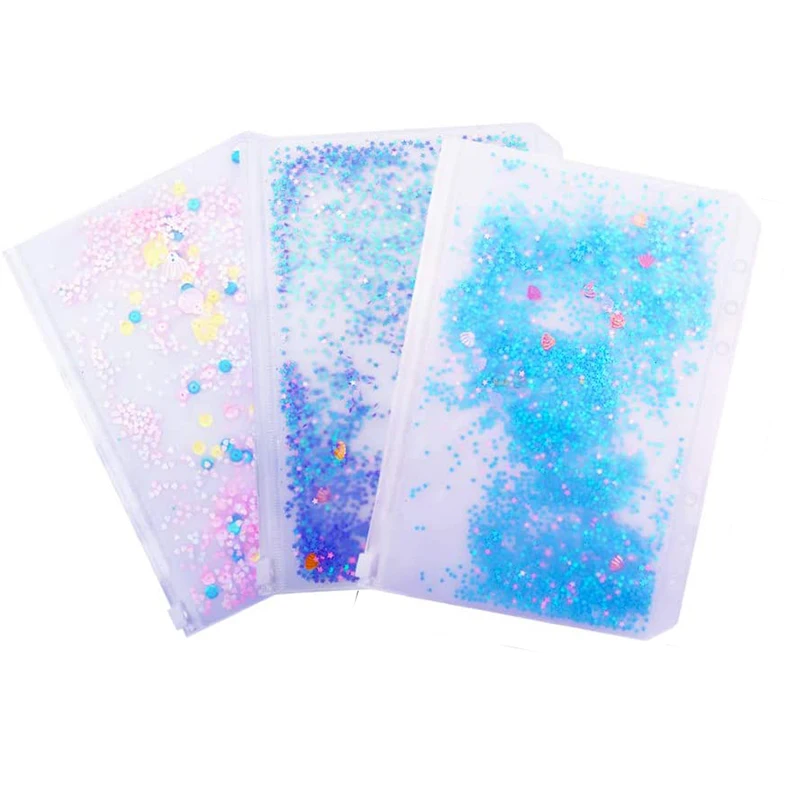 A5/A6 6 Holes Binder Pockets Plastic Zipper Envelopes Pouch For 6-Ring Notebook Built-in Glitter Flakes Stars Decoration