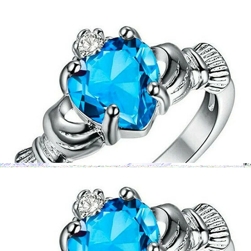 Women Silver Color Zircon Crown Wedding Engagement Claddagh Ring Size 6-10