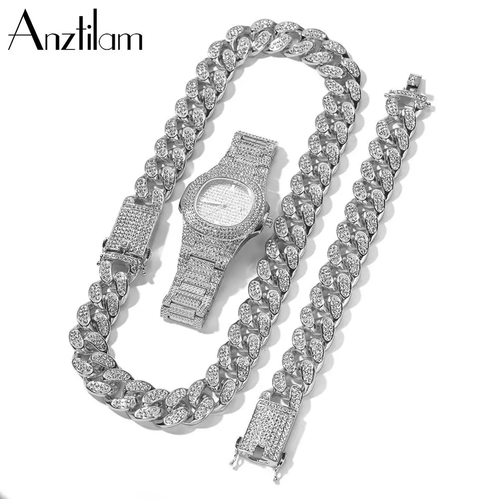 20mm Hip Hop  Cuban Link Chain Set Necklace +Watch+Bracelet  Miami Chain  Sets Iced Out Jewelry Sets For Women Men  Jewellery