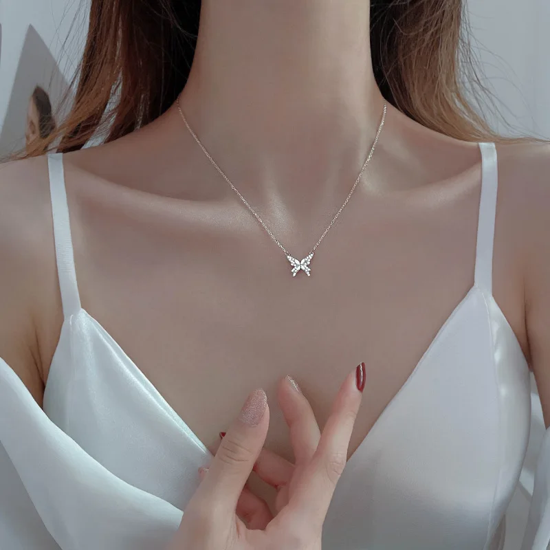 Sweet 925 Sterling Silver Butterfly Necklace Shiny Zircon Pendant Ladies Elegant Clavicle Chain Wedding Jewelry Holiday Gift