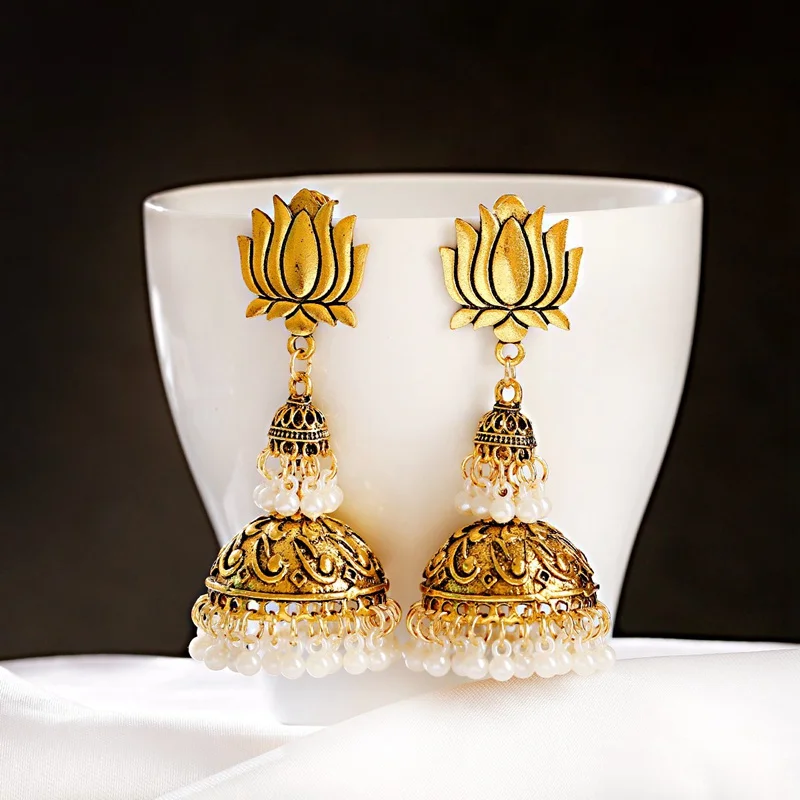 Ethnic Women's Big Gold Color Dangle Earrings Jhumka Indian Earrings Orecchini Donna Vintage Lantern Pearl Tassel Palace Earring