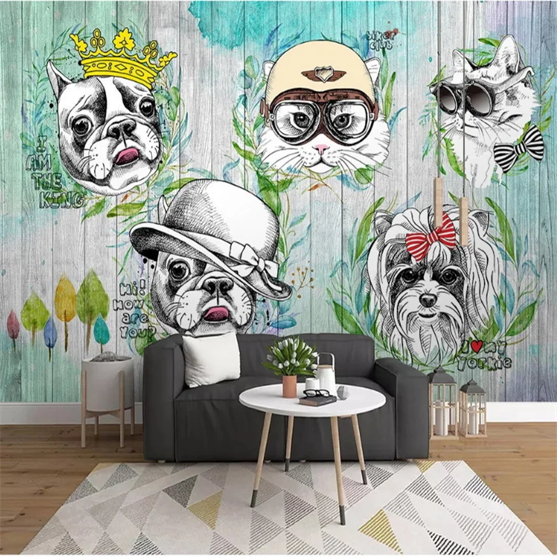 

wellyu Custom large mural 3d wallpaper hand-painted animal cat and dog cartoon background wall wallpaper