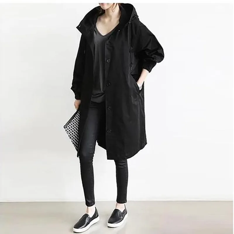 Fashion Womens Trench Coats Hooded Long 2023 Spring Autumn Windproof Lady Female Casual Clothes 8 Color Windbreaker Korean Style