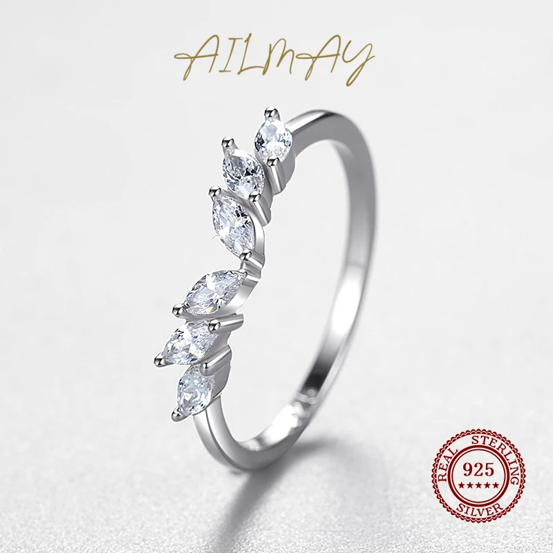 Ailmay 925 Sterling Silver Stackable Zirconia CZ Ring Simple Geometric Design Wing Finger Ring Fine Female Fashion Jewelry