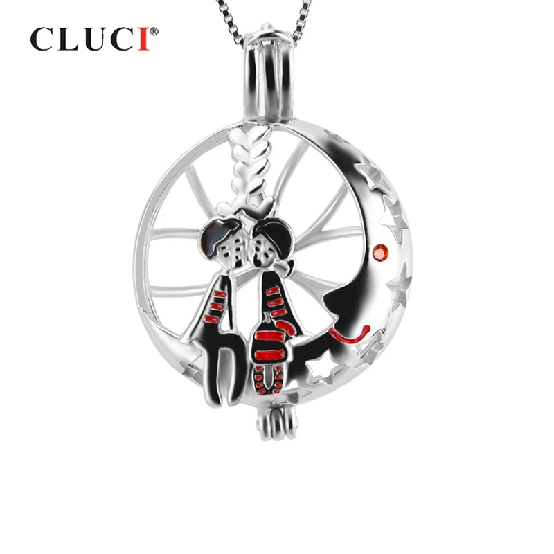 CLUCI 925 Silver Pendants Kissing Lovers on Moon Pendant Luxury Jewelry for Women Valentines Gift Wish Pearl Locket SC186SB