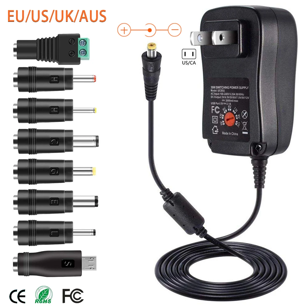 30W US/UK/AU/EU uniwersalny zasilacz 3V 4.5V 5V 6V 7.5V 9V 12V AC ładowarka DC konwerter + 5V 2.1A Port USB z 8 sztuk jack