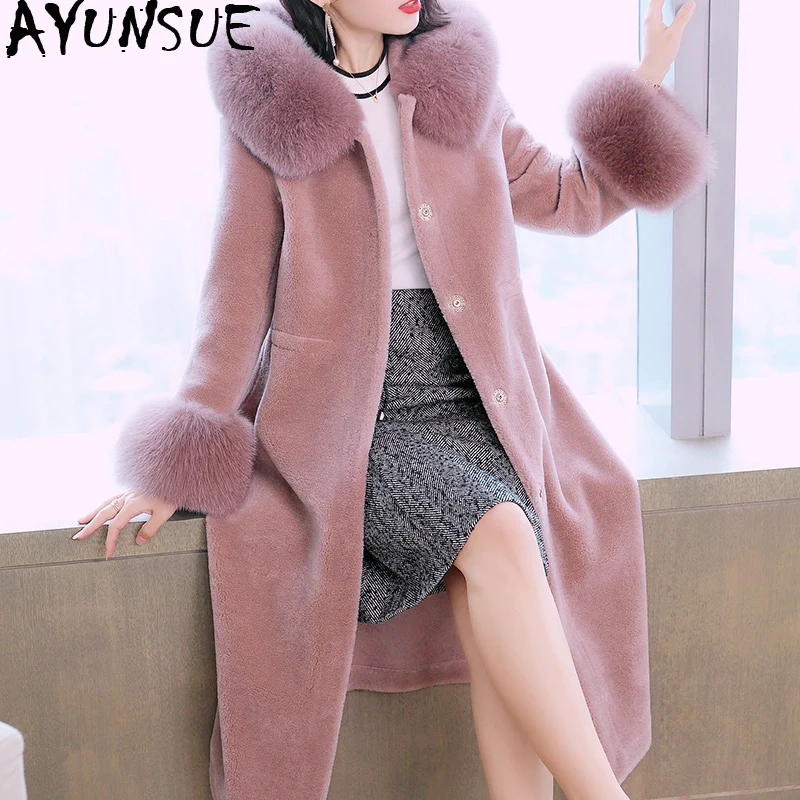 

AYUNSUE Real Sheep Shearling Fur Coat Female Fox Fur Collar 100% Wool Coats 2020 Winter Jacket Women Korean Long Coat MY3658