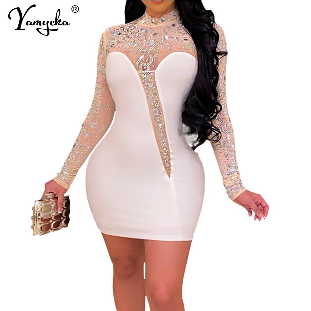 Sexy see through white Sequin club party dress women summer mini dress vintage bodycon Long sleeve dress corset evening dresses