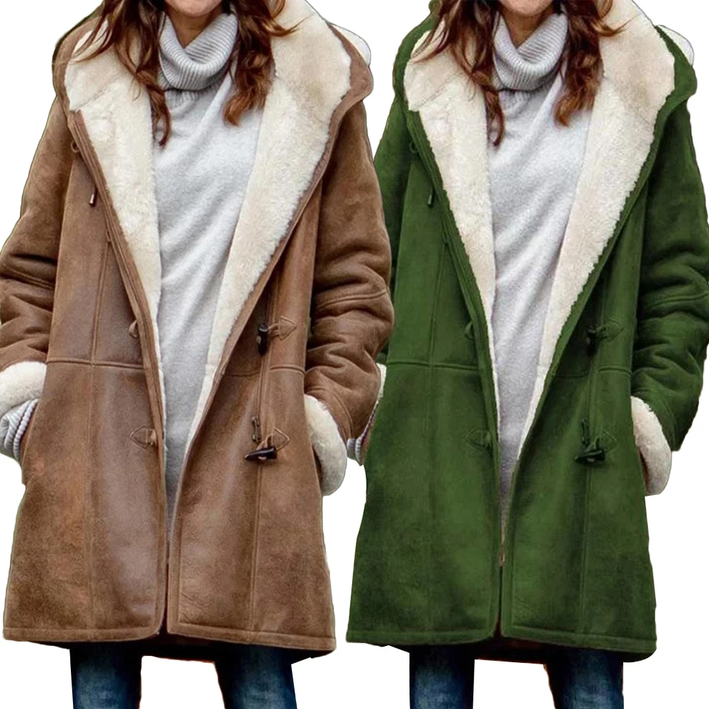 Casual Women Winter Solid Color Horn Buckles Fleece Lining Long Warm Hooded Coat