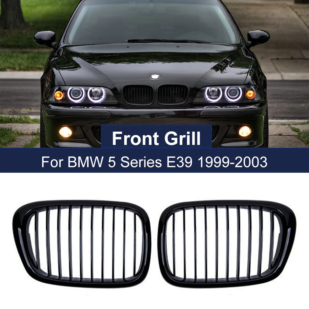 2PCS Front Bumper Kidney Grille Glossy Black Single Line One Slat for BMW 5 Series E39 M5 1999-2004 Car Styling Racing Grill