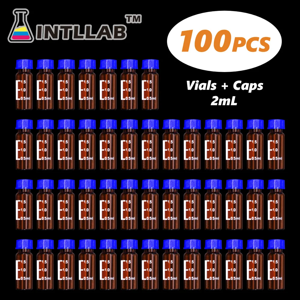 INTLLAB-Vial de cromatografía, viales Hplc de 2ml y tapa de rosca azul con agujero, 100 unids/lote por paquete