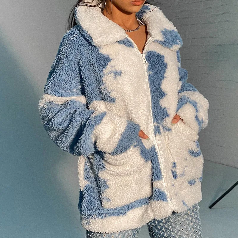 Blue Sky and White Clouds Print Lamb Wool Coats Teddy Jackets Women Winter Streetwear Furry Fleece Warm Cardigan Women Overcoat