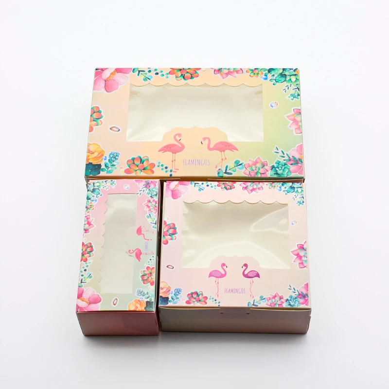 

3 Size Flamingo Decoration Favor Paper Gift Packaging Box WIth Window Party Sweet Cake Gift Boxes Wedding Supplies 100pcs/lot