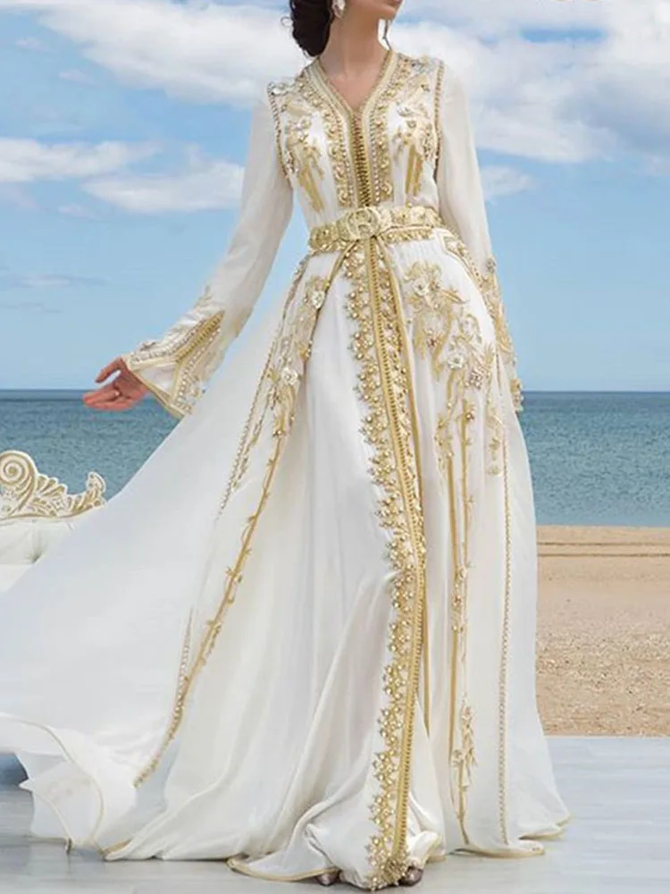 White Chiffon Luxury Evening Dresses Long Golden Lace Appliques Moroccan Caftan Dubai Arabic Prom Gowns Party Customized