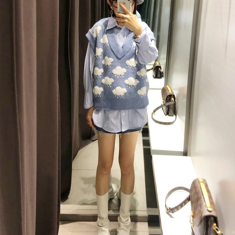 Women Sweater Vests Sweet Girls Knitwear Retro Clouds V-neck Loose Ulzzang Tender Preppy Style Students All-match Lovely Jumpers